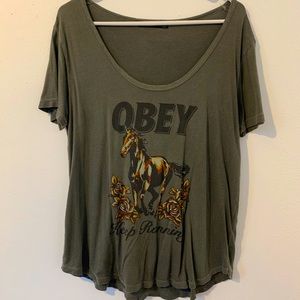 Short sleeve olive green Obey t-shirt with horse